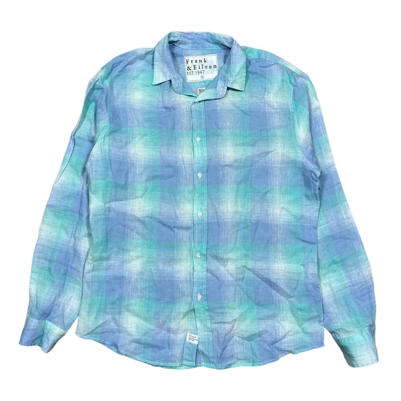 Frank & Eileen Paul Linen Plaid Blue Seafoam L/S Button Shirt Mens Large - Picture 1 of 8